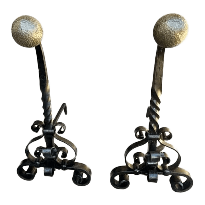 Massive 31" High Antique Arts & Crafts Pair of Andirons - Wrought Iron and Brass - Late 19th Century - Thumbnail 8