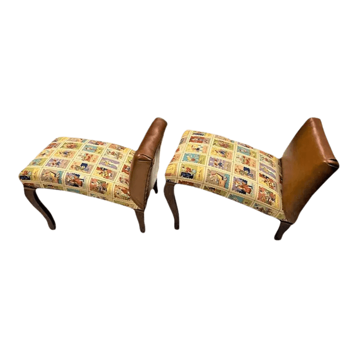 Mexican Loteria Fabric and New Leather Upholstery on Antique Footstools - a Pair - Thumbnail 2