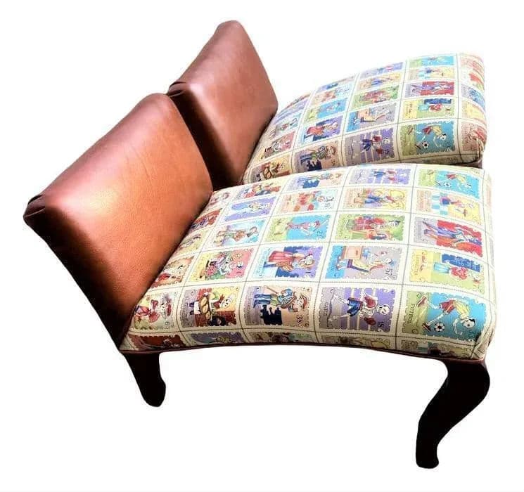 Mexican Loteria Fabric and New Leather Upholstery on Antique Footstools - a Pair - Thumbnail 4