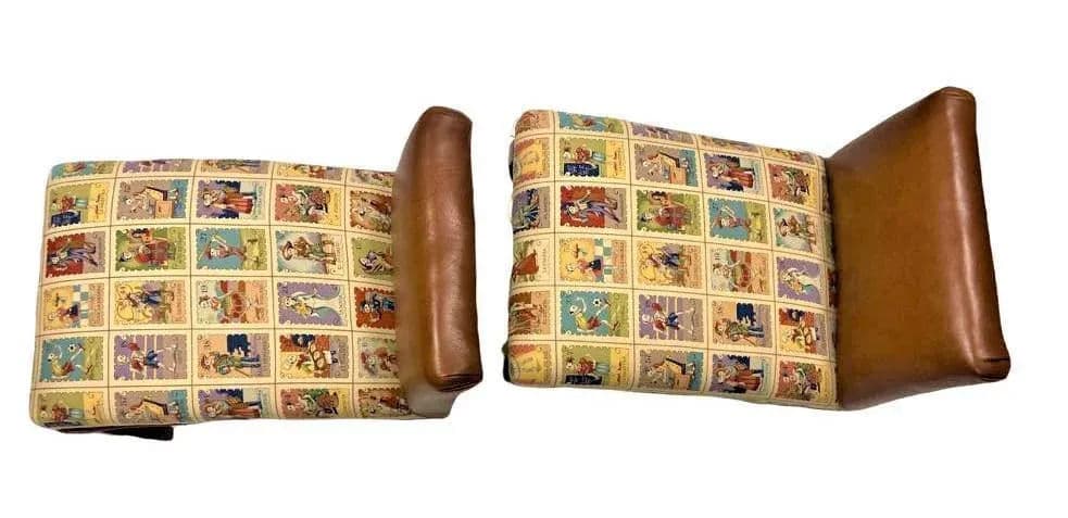 Mexican Loteria Fabric and New Leather Upholstery on Antique Footstools - a Pair - Thumbnail 5