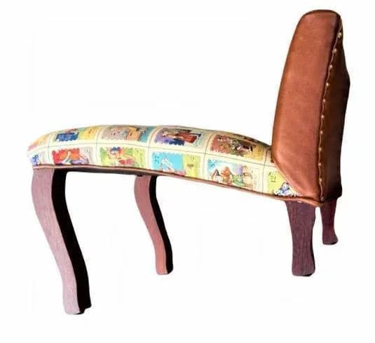 Mexican Loteria Fabric and New Leather Upholstery on Antique Footstools - a Pair - Thumbnail 6
