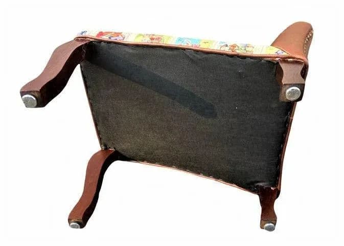 Mexican Loteria Fabric and New Leather Upholstery on Antique Footstools - a Pair - Thumbnail 8