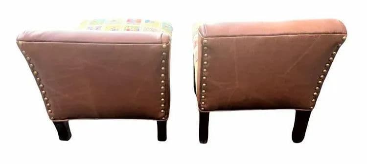 Mexican Loteria Fabric and New Leather Upholstery on Antique Footstools - a Pair - Thumbnail 9