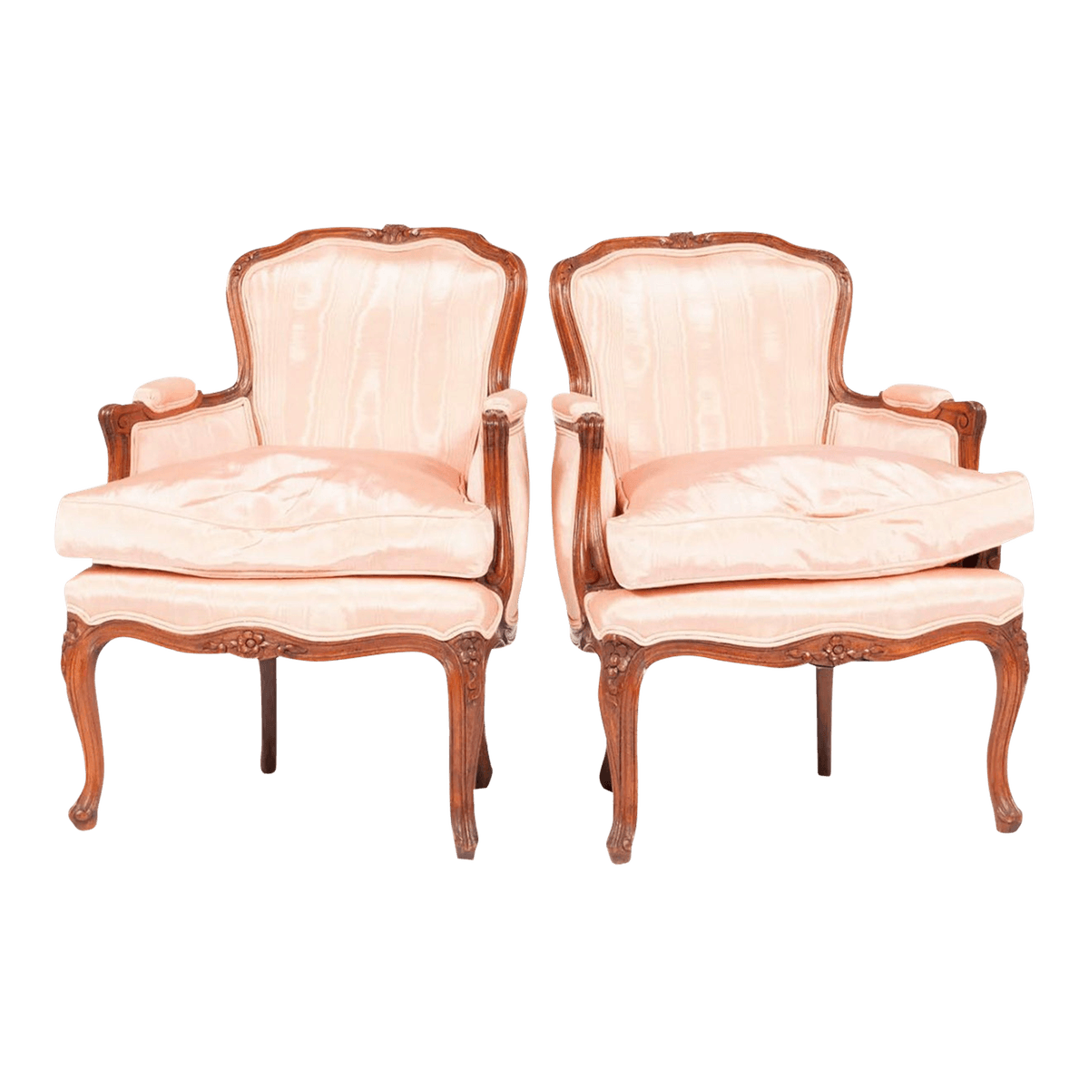 Pair of Antique Louis XV French Children's Bergere Chairs in Walnut and Pink Watered Silk - Provenance Adolphus Busch Heirs - Early 20th Century - Thumbnail 2
