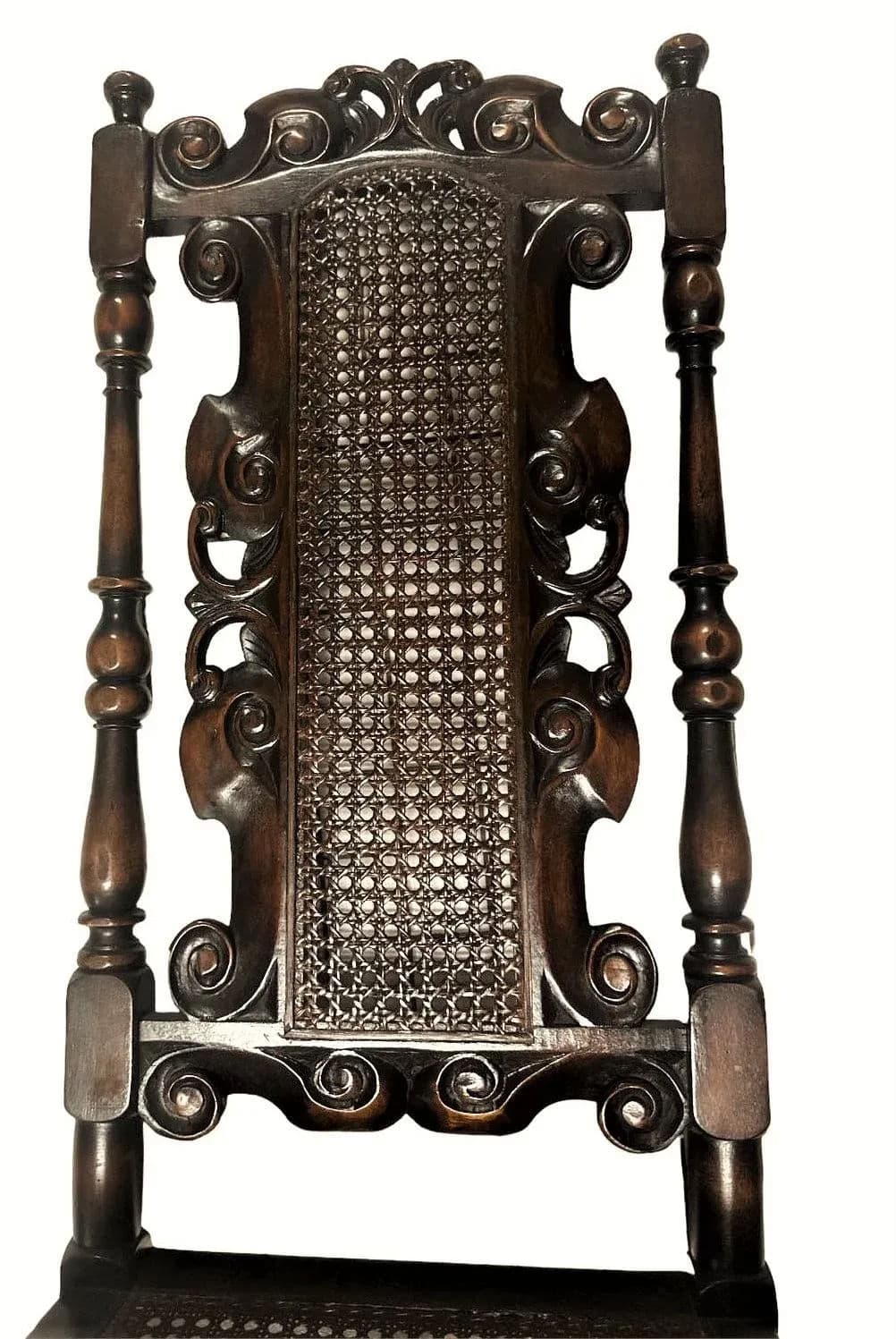 Antique Spanish Hacienda Style Accent Chair in Carved Walnut and Caning - Early 20th Century - Thumbnail 5