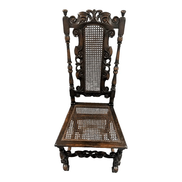 Antique Spanish Hacienda Style Accent Chair in Carved Walnut and Caning - Early 20th Century - Thumbnail 2