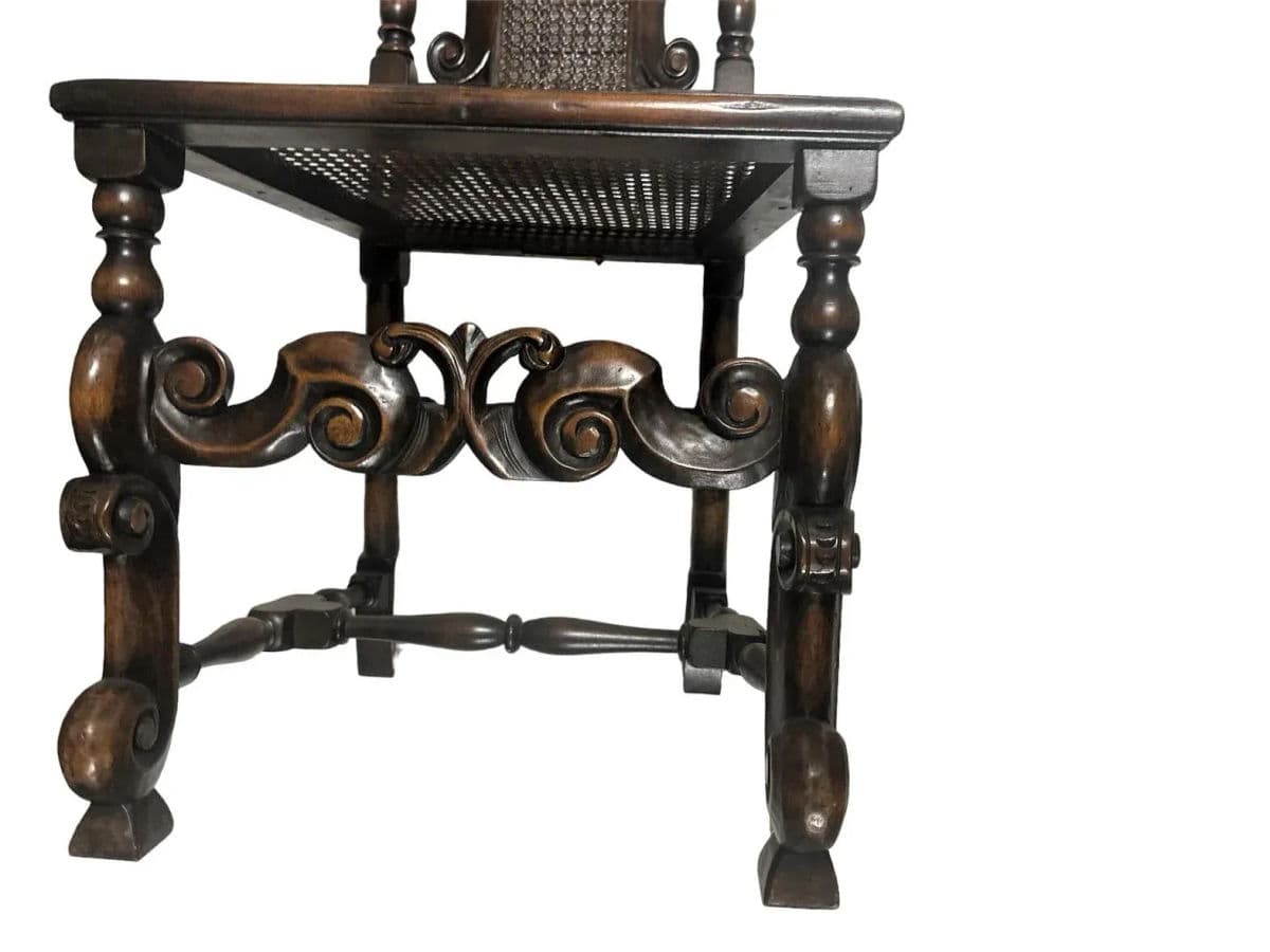 Antique Spanish Hacienda Style Accent Chair in Carved Walnut and Caning - Early 20th Century - Thumbnail 7