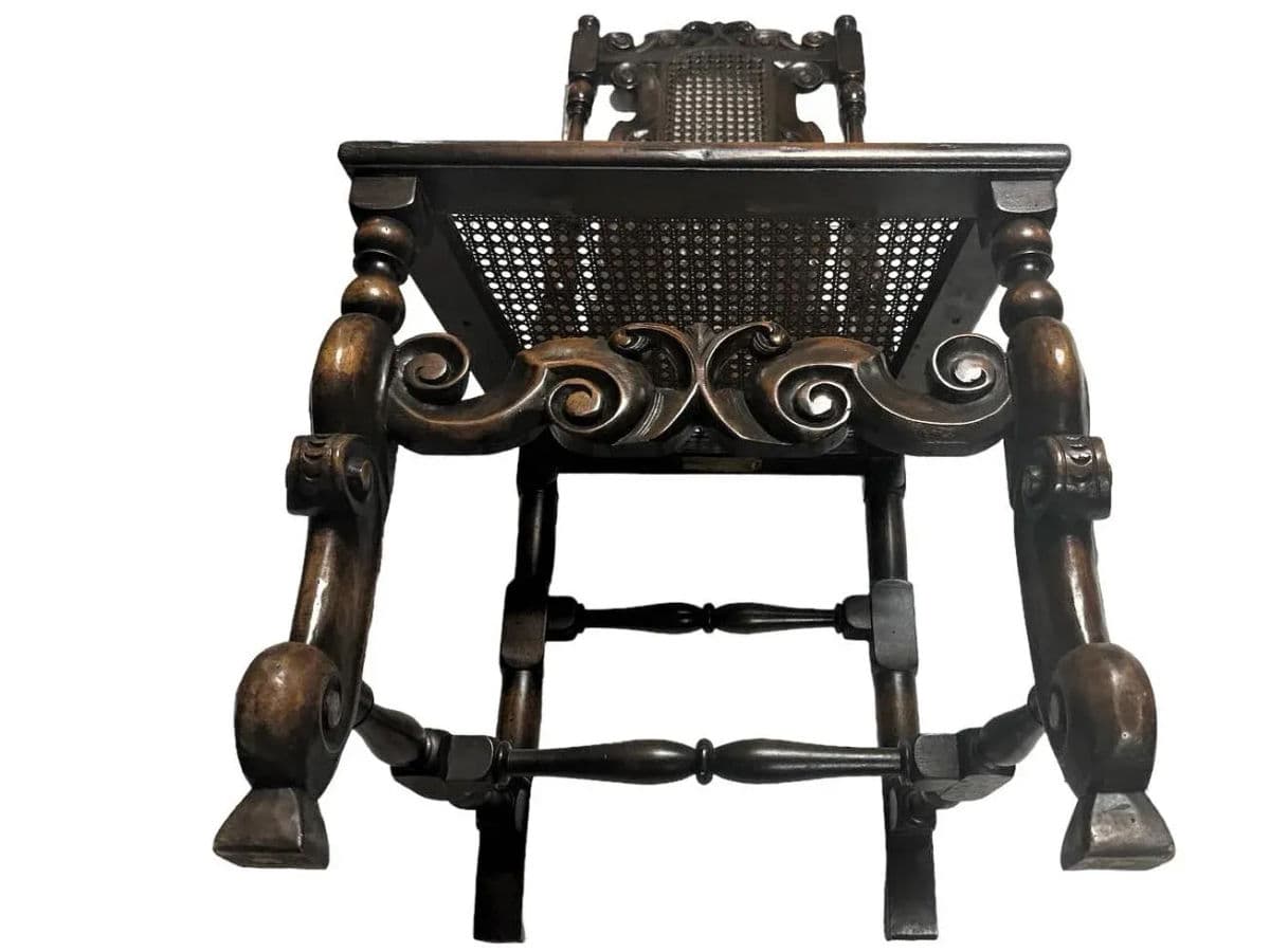 Antique Spanish Hacienda Style Accent Chair in Carved Walnut and Caning - Early 20th Century - Thumbnail 11