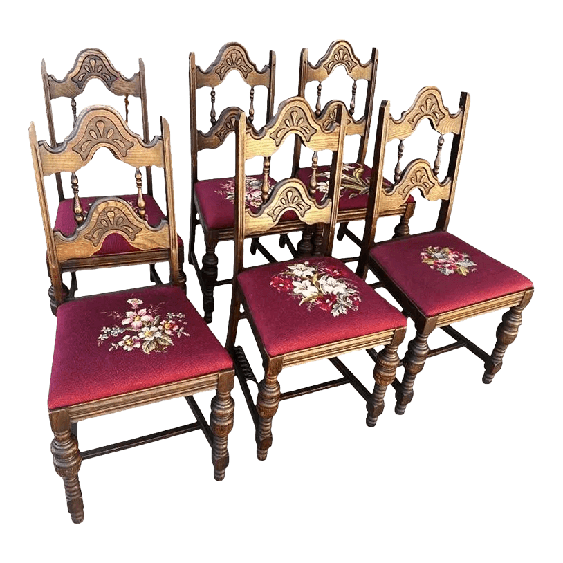 Antique 1920s Spanish Revival or Jacobean Carved Oak Dining Chairs With Needlepoint Seat Upholstery - Set of 6 - Thumbnail 2