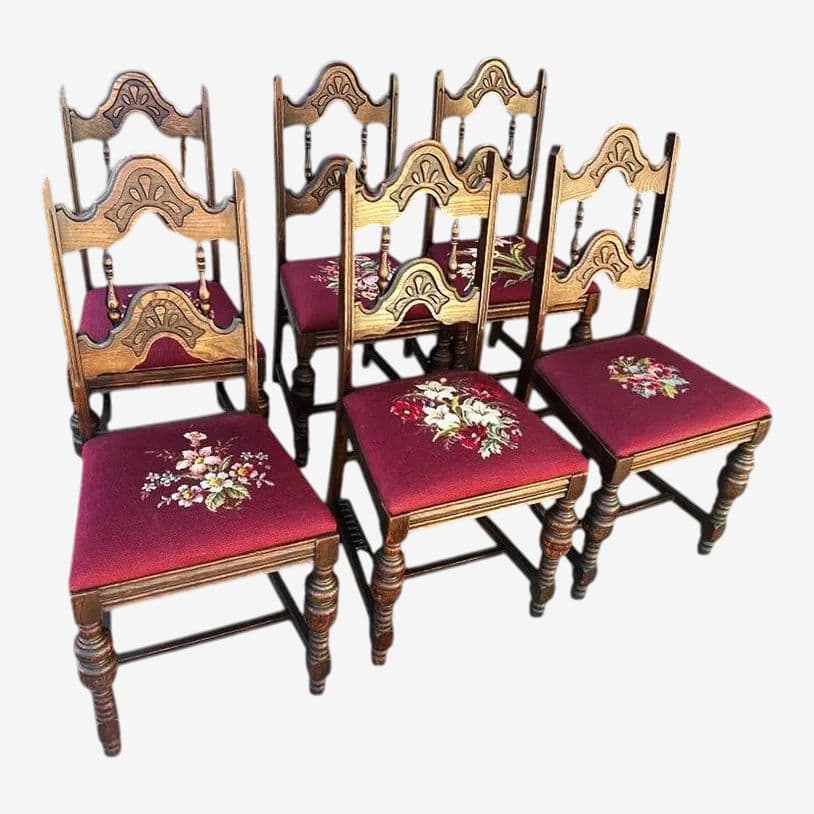 Antique 1920s Spanish Revival or Jacobean Carved Oak Dining Chairs With Needlepoint Seat Upholstery - Set of 6 - Image 1