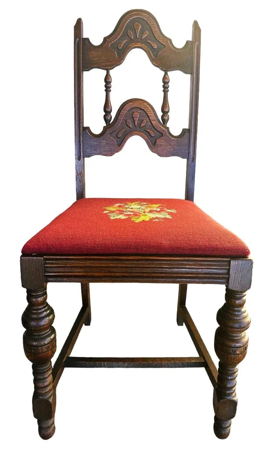Antique 1920s Spanish Revival or Jacobean Carved Oak Dining Chairs With Needlepoint Seat Upholstery - Set of 6 - Thumbnail 3