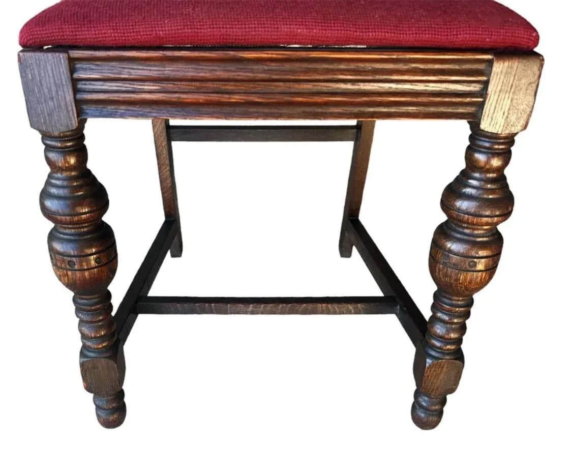 Antique 1920s Spanish Revival or Jacobean Carved Oak Dining Chairs With Needlepoint Seat Upholstery - Set of 6 - Thumbnail 6