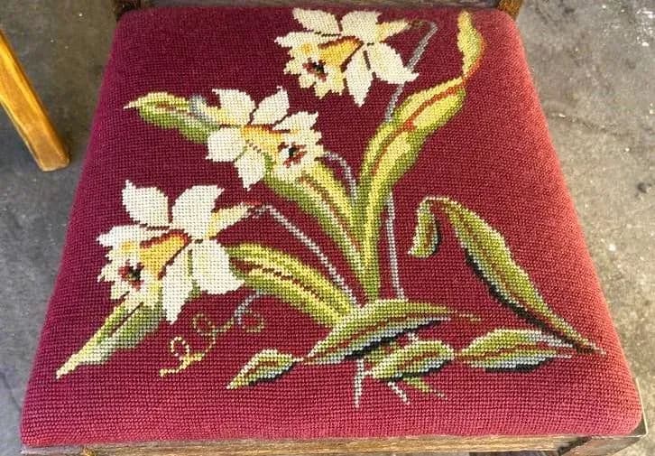 Antique 1920s Spanish Revival or Jacobean Carved Oak Dining Chairs With Needlepoint Seat Upholstery - Set of 6 - Thumbnail 9