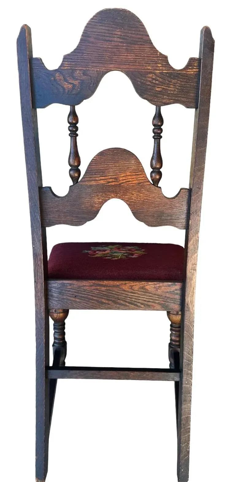 Antique 1920s Spanish Revival or Jacobean Carved Oak Dining Chairs With Needlepoint Seat Upholstery - Set of 6 - Thumbnail 7