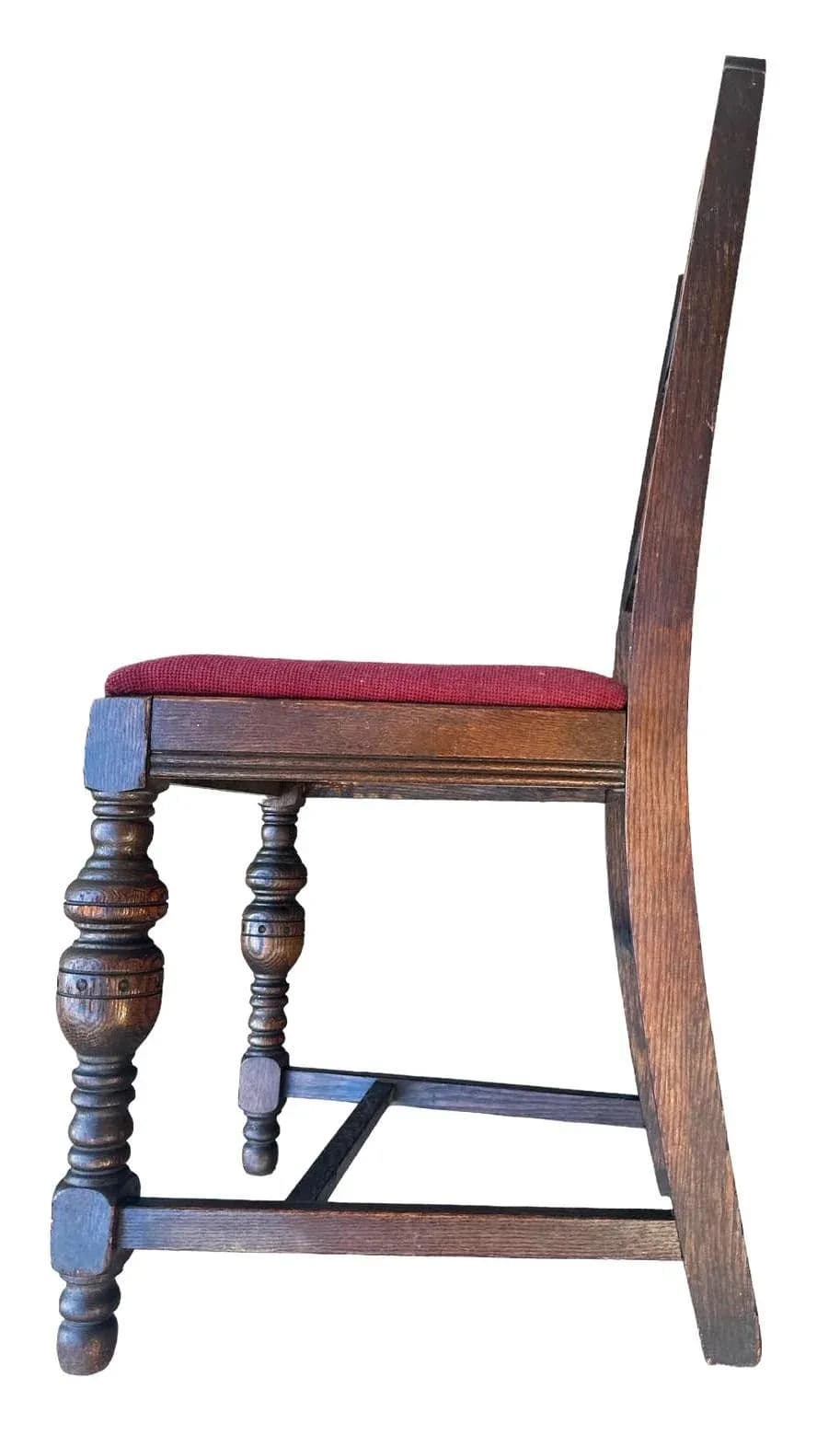 Antique 1920s Spanish Revival or Jacobean Carved Oak Dining Chairs With Needlepoint Seat Upholstery - Set of 6 - Thumbnail 5