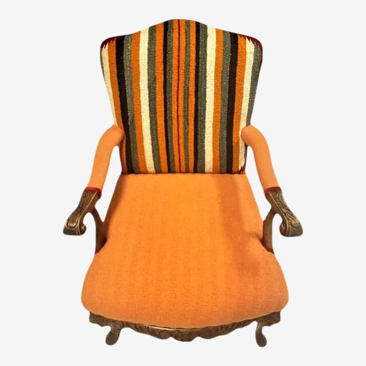 Pumpkin Colored Carved Antique Hacienda Chair Reupholstered With Hand Loomed Oaxaca Tapestry and Manta Cloth - Image 1