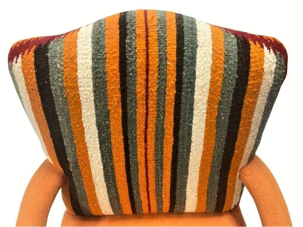 Pumpkin Colored Carved Antique Hacienda Chair Reupholstered With Hand Loomed Oaxaca Tapestry and Manta Cloth - Thumbnail 3