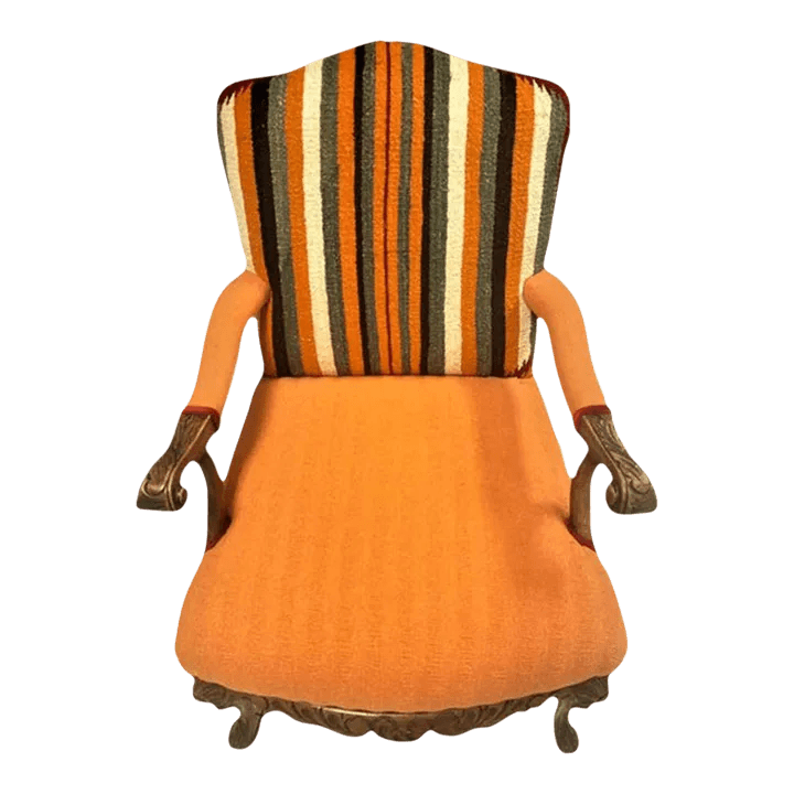 Pumpkin Colored Carved Antique Hacienda Chair Reupholstered With Hand Loomed Oaxaca Tapestry and Manta Cloth - Thumbnail 2