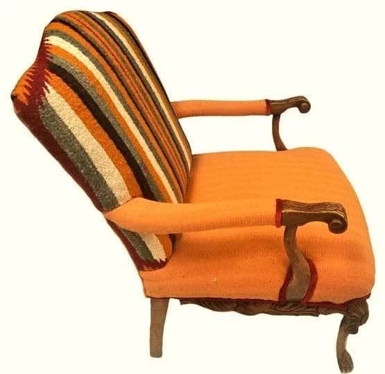 Pumpkin Colored Carved Antique Hacienda Chair Reupholstered With Hand Loomed Oaxaca Tapestry and Manta Cloth - Thumbnail 4