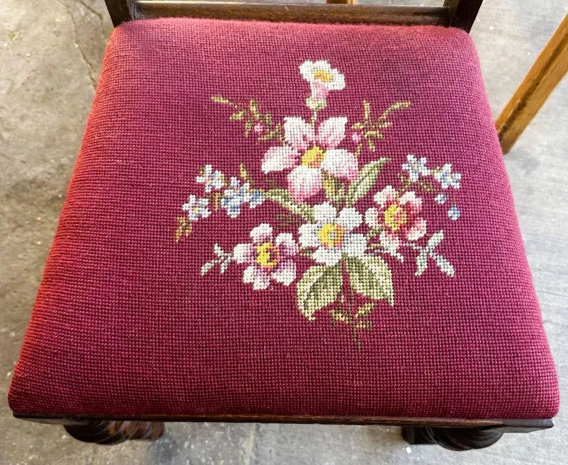 Antique 1920s Spanish Revival or Jacobean Carved Oak Dining Chairs With Needlepoint Seat Upholstery - Set of 6 - Thumbnail 11