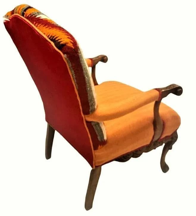 Pumpkin Colored Carved Antique Hacienda Chair Reupholstered With Hand Loomed Oaxaca Tapestry and Manta Cloth - Thumbnail 5
