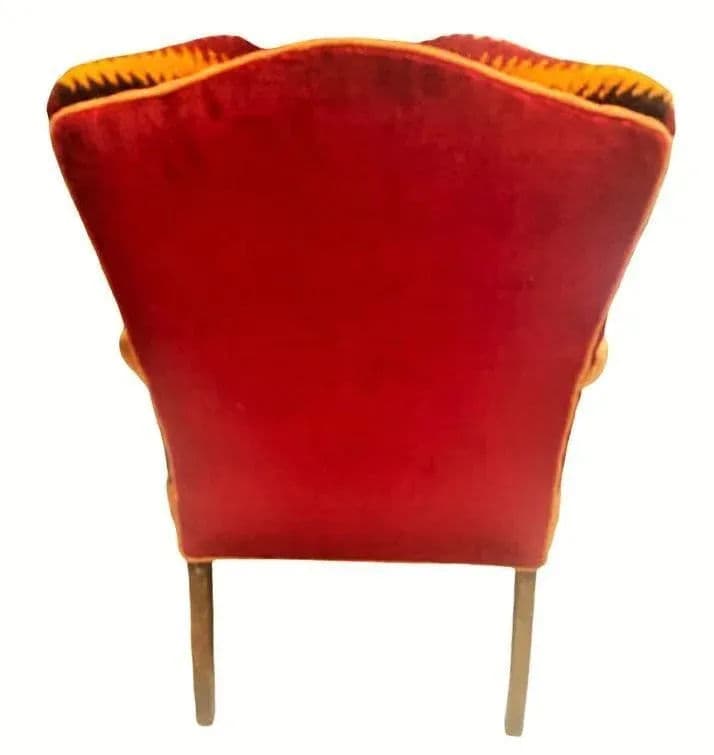 Pumpkin Colored Carved Antique Hacienda Chair Reupholstered With Hand Loomed Oaxaca Tapestry and Manta Cloth - Thumbnail 6