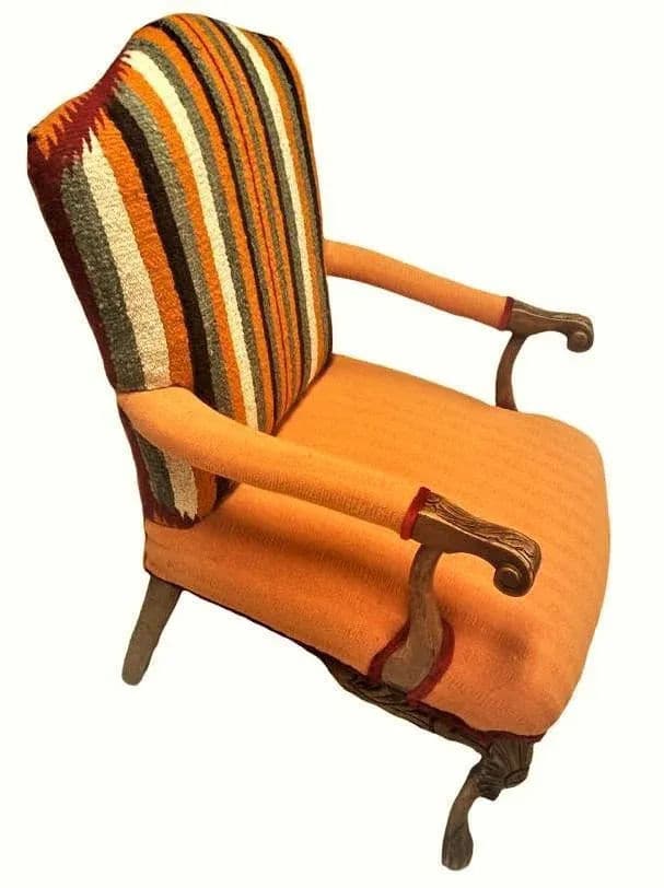 Pumpkin Colored Carved Antique Hacienda Chair Reupholstered With Hand Loomed Oaxaca Tapestry and Manta Cloth - Thumbnail 10