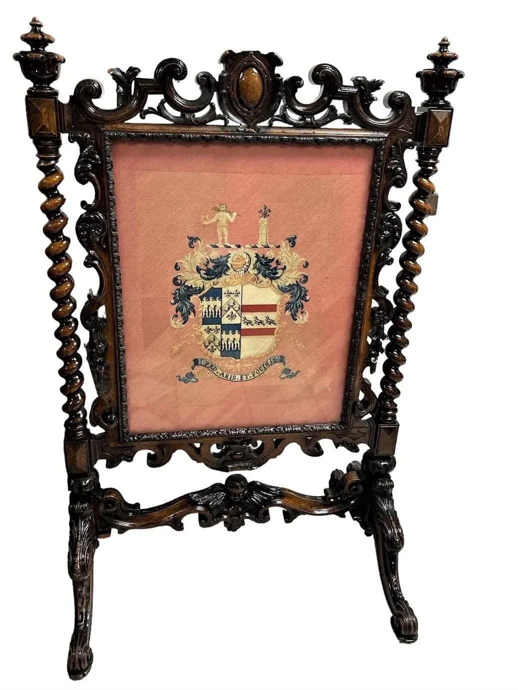 Antique Large Spanish Baroque Style Fire Screen in Carved Walnut and Needlepoint - Late 19th Century - Thumbnail 5