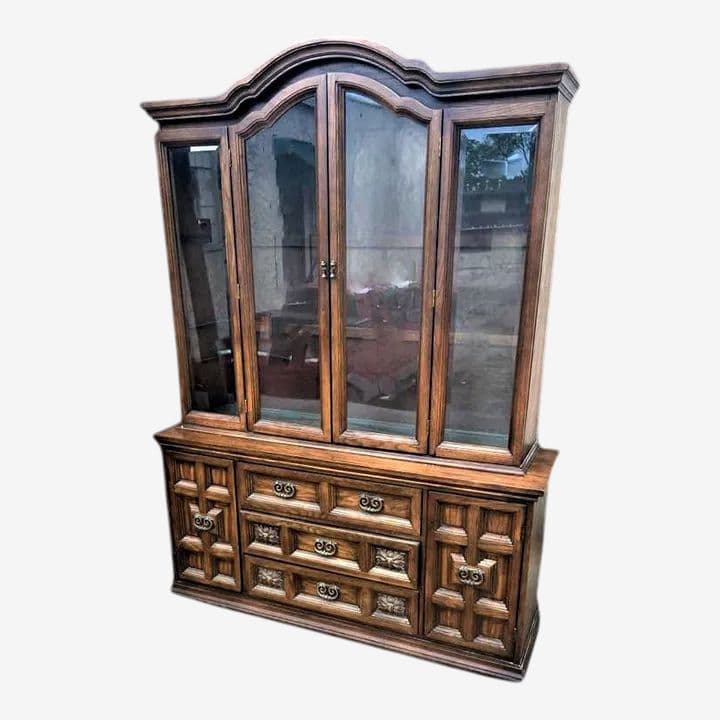 Vintage Breakfront Holman Manufacturing Large Spanish Revival Oak Standing China Cabinet - 1960s - Image 1