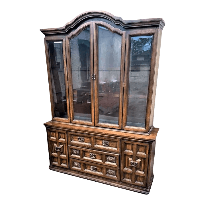 Vintage Breakfront Holman Manufacturing Large Spanish Revival Oak Standing China Cabinet - 1960s - Thumbnail 2