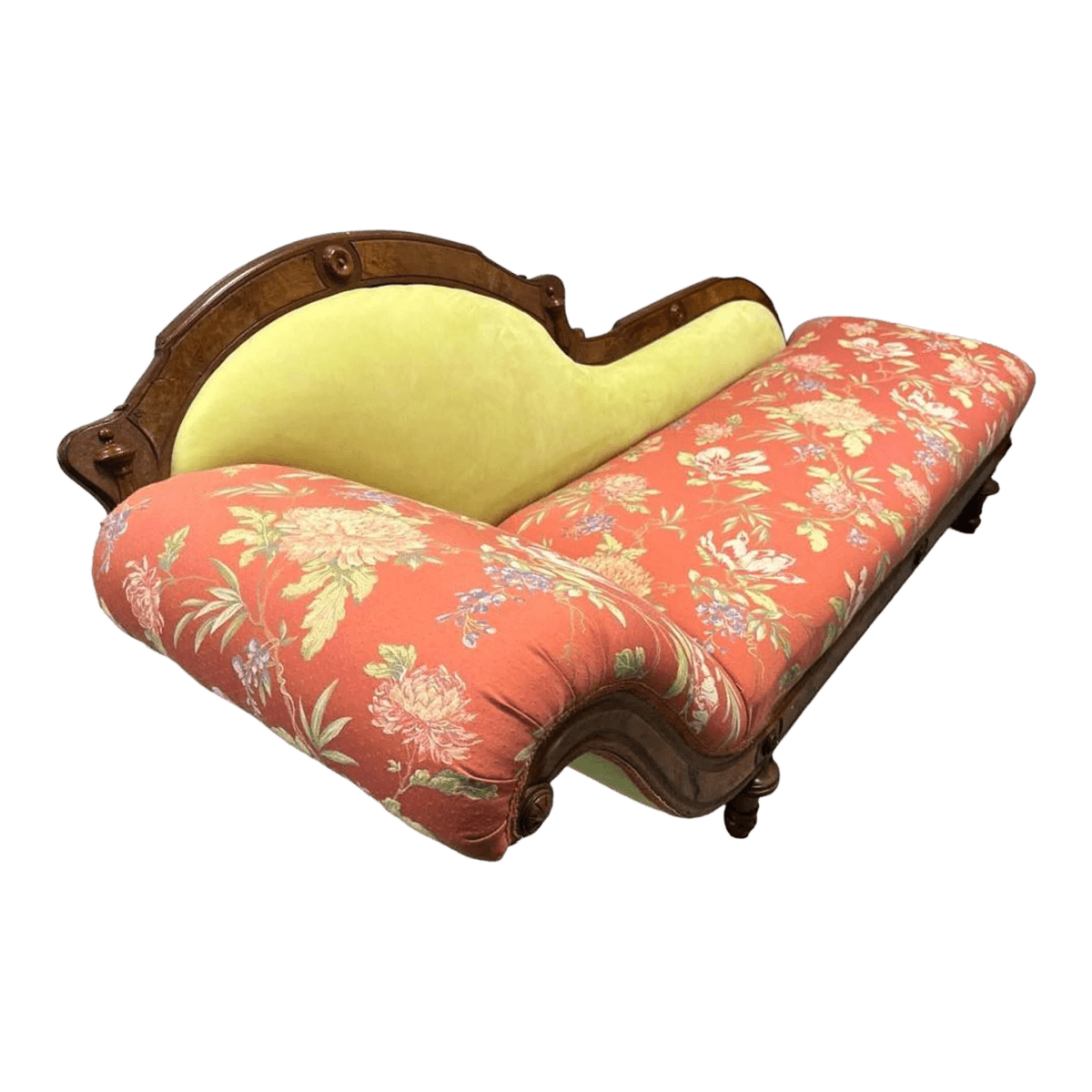 Antique 19th Century Fainting Couch With New Chartreuse Leather and Designer Fabric Upholstery - Thumbnail 2