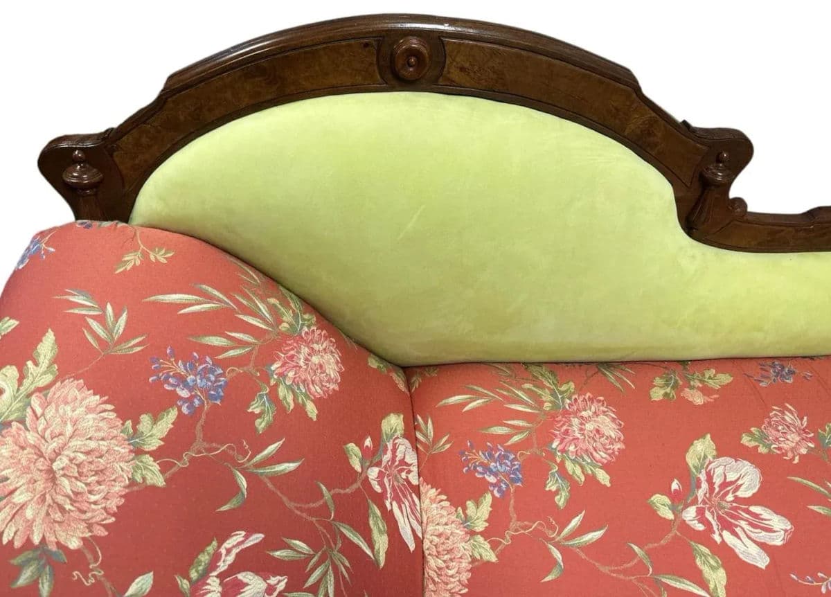 Antique 19th Century Fainting Couch With New Chartreuse Leather and Designer Fabric Upholstery - Thumbnail 5