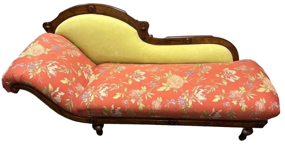 Antique 19th Century Fainting Couch With New Chartreuse Leather and Designer Fabric Upholstery - Thumbnail 6