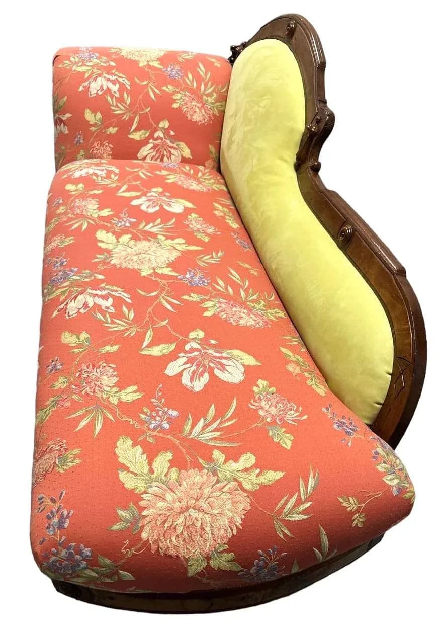 Antique 19th Century Fainting Couch With New Chartreuse Leather and Designer Fabric Upholstery - Thumbnail 4