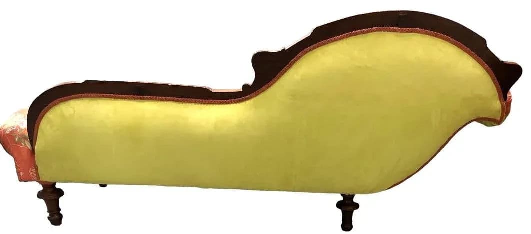 Antique 19th Century Fainting Couch With New Chartreuse Leather and Designer Fabric Upholstery - Thumbnail 7
