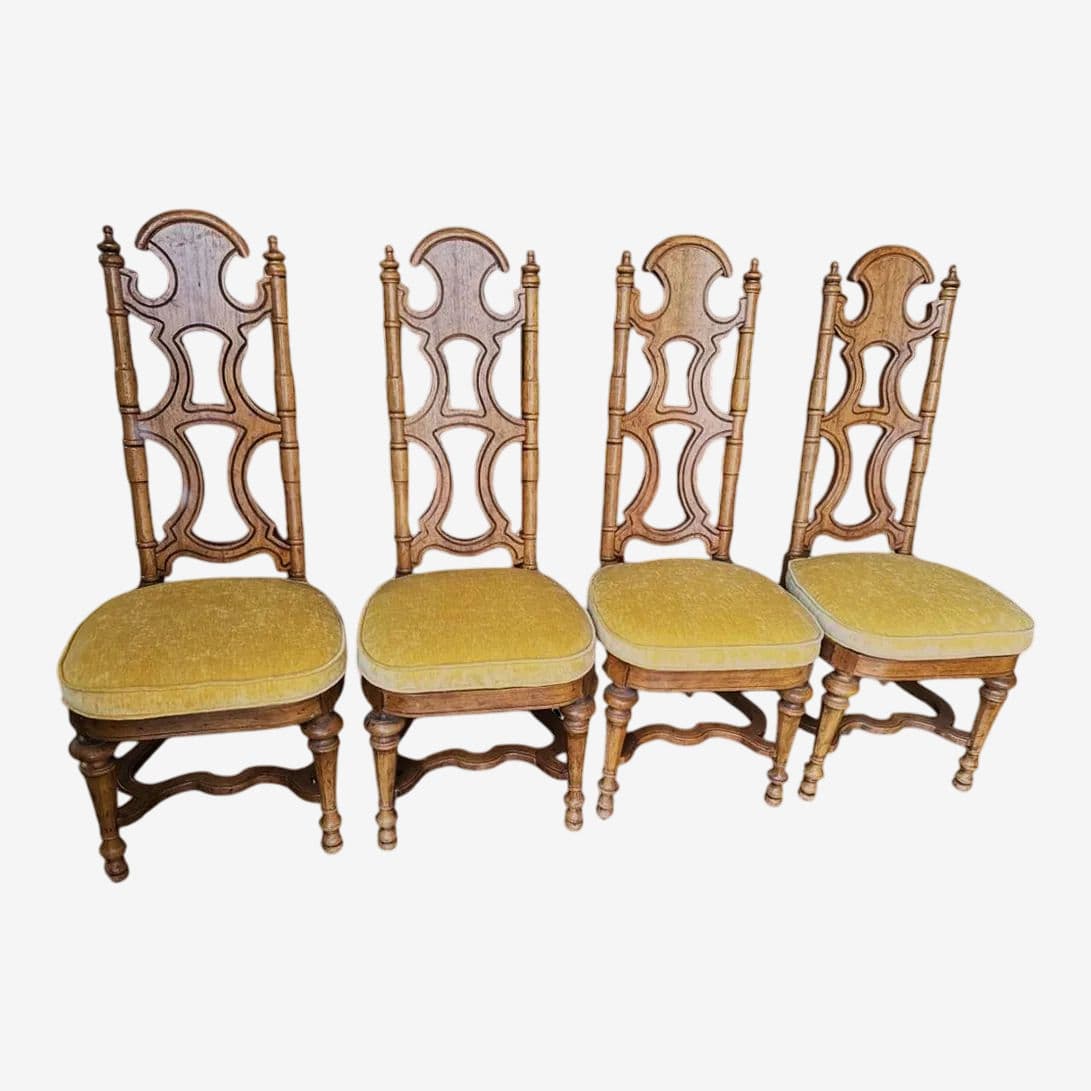 Jim Peed Drexel 1960s Spanish Style Pecan Wood Dining Chairs - Set of 4 - Image 1
