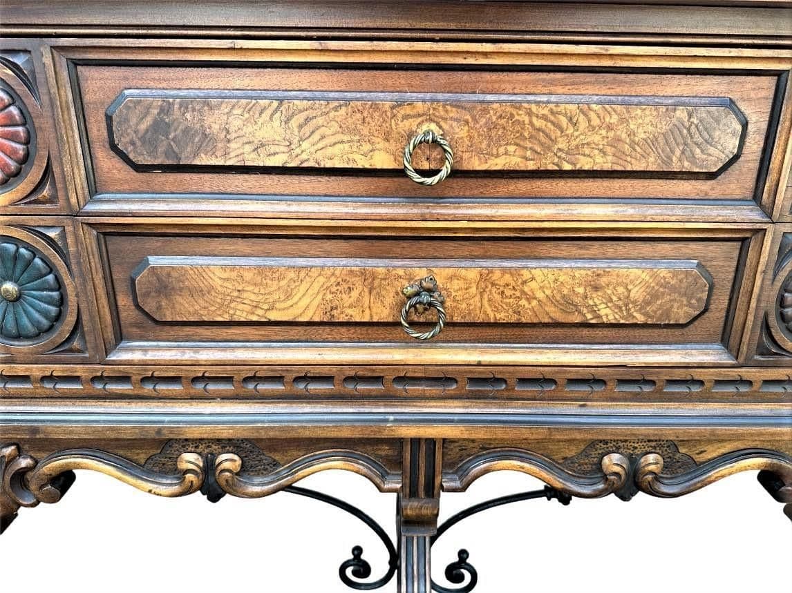 Antique Berkey & Gay Grand Rapids 72” ‘Span-Umbrian' Walnut, Burlwood and Polychrome Credenza or Buffet - Circa 1917 - Thumbnail 3