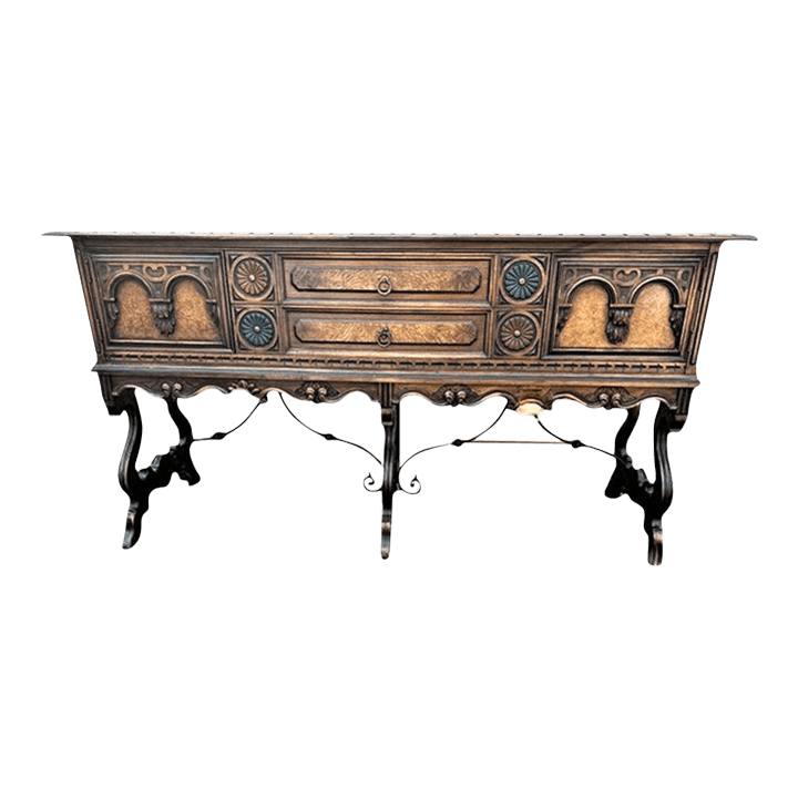 Antique Berkey & Gay Grand Rapids 72” ‘Span-Umbrian' Walnut, Burlwood and Polychrome Credenza or Buffet - Circa 1917 - Thumbnail 2