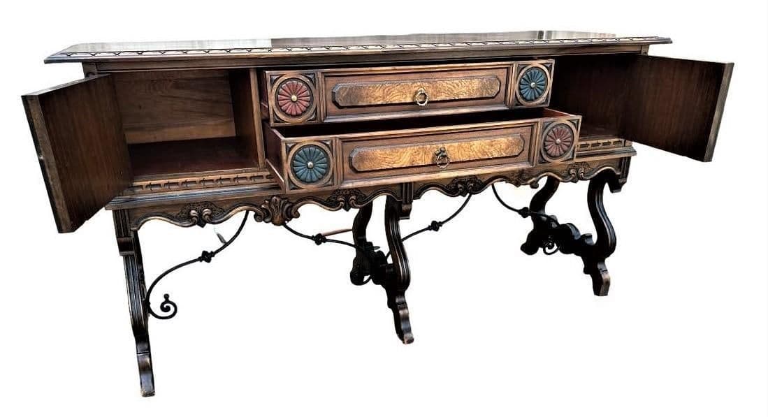 Antique Berkey & Gay Grand Rapids 72” ‘Span-Umbrian' Walnut, Burlwood and Polychrome Credenza or Buffet - Circa 1917 - Thumbnail 6