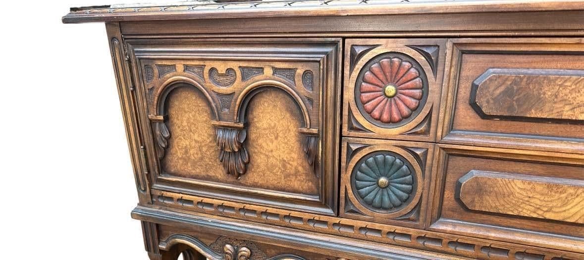 Antique Berkey & Gay Grand Rapids 72” ‘Span-Umbrian' Walnut, Burlwood and Polychrome Credenza or Buffet - Circa 1917 - Thumbnail 5