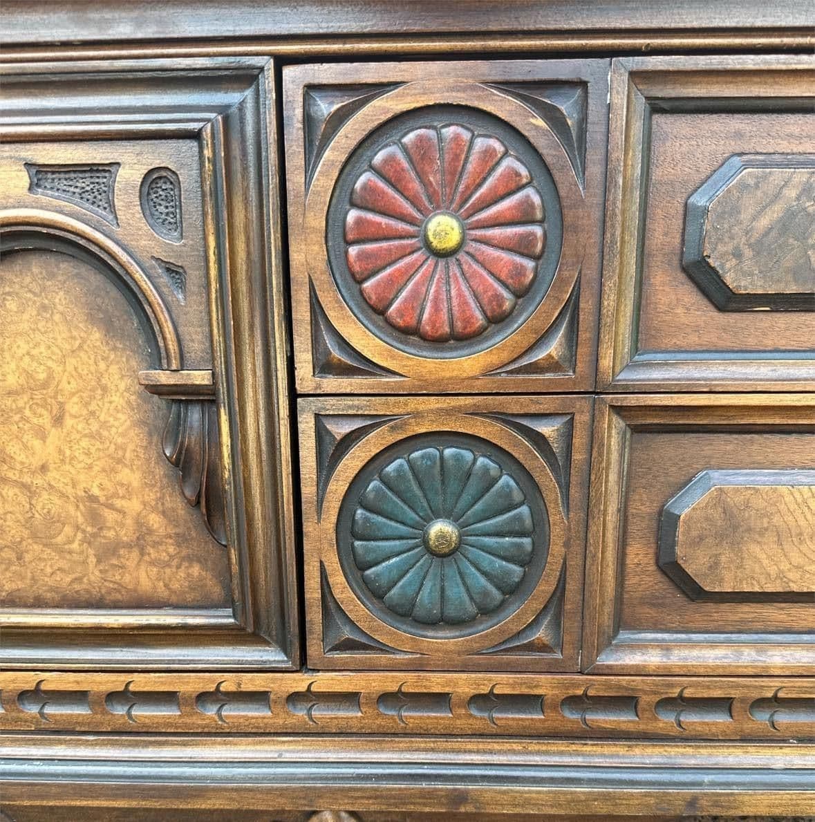 Antique Berkey & Gay Grand Rapids 72” ‘Span-Umbrian' Walnut, Burlwood and Polychrome Credenza or Buffet - Circa 1917 - Thumbnail 7
