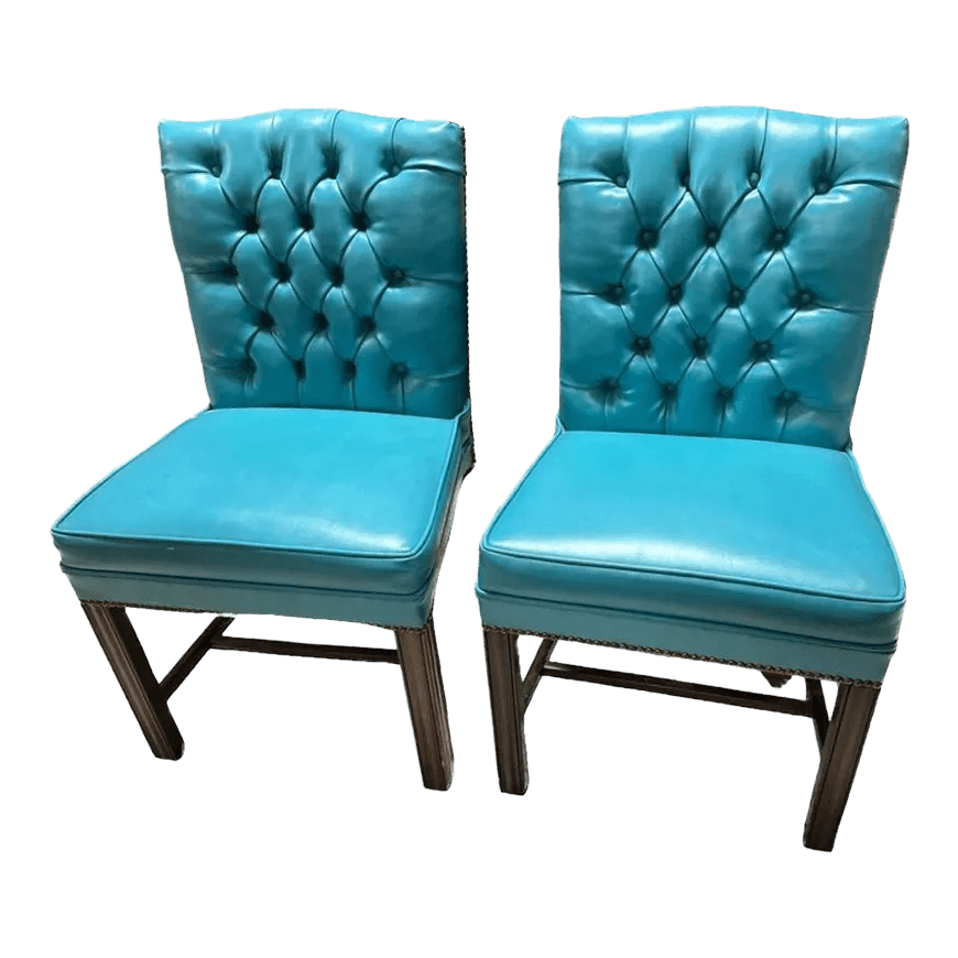Drexel Vintage Mid Century Teal Button Tufted Accent Chairs - a Pair - Thumbnail 2