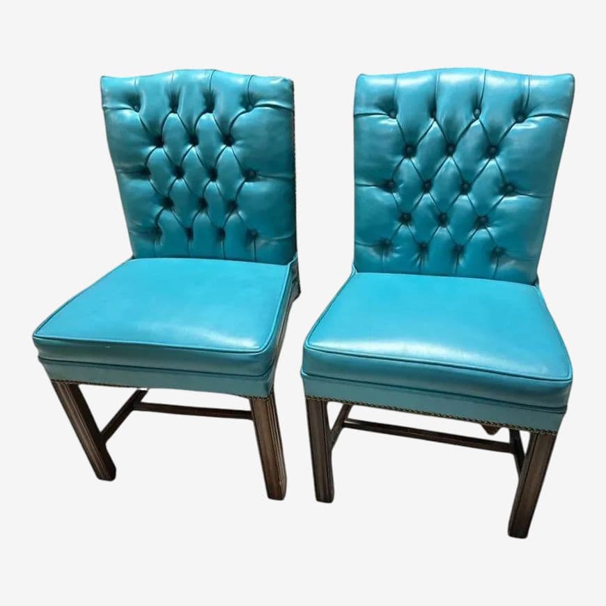 Drexel Vintage Mid Century Teal Button Tufted Accent Chairs - a Pair - Image 1