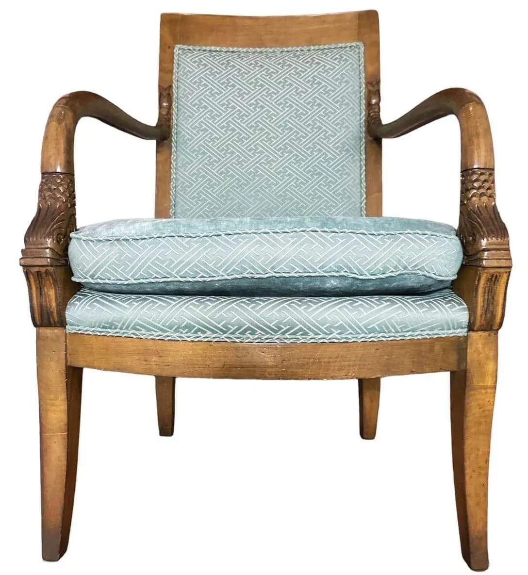 Baker Furniture Empire Style Carved Walnut Chair With Celadon Greek Key and Velvet Upholstery - Circa 1940s - Thumbnail 4