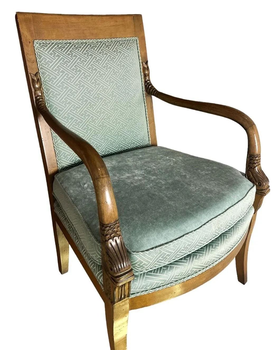Baker Furniture Empire Style Carved Walnut Chair With Celadon Greek Key and Velvet Upholstery - Circa 1940s - Thumbnail 3