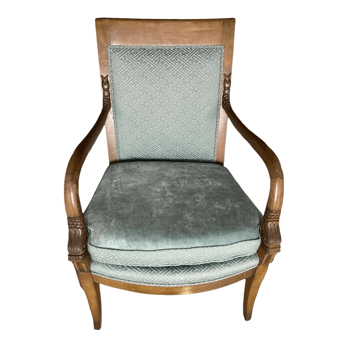 Baker Furniture Empire Style Carved Walnut Chair With Celadon Greek Key and Velvet Upholstery - Circa 1940s - Thumbnail 2