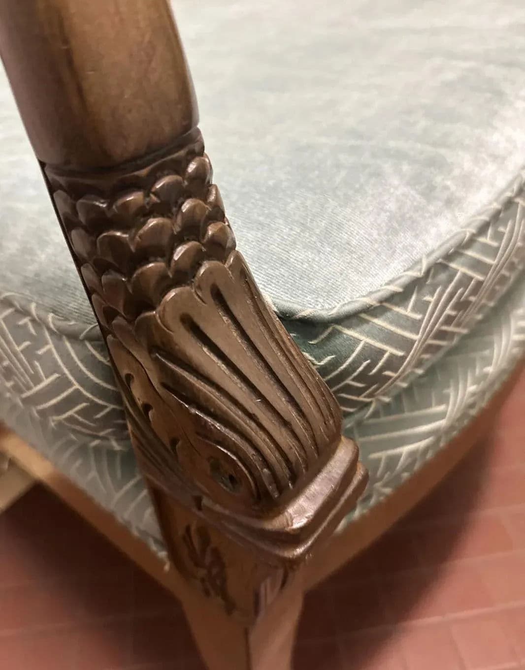 Baker Furniture Empire Style Carved Walnut Chair With Celadon Greek Key and Velvet Upholstery - Circa 1940s - Thumbnail 5