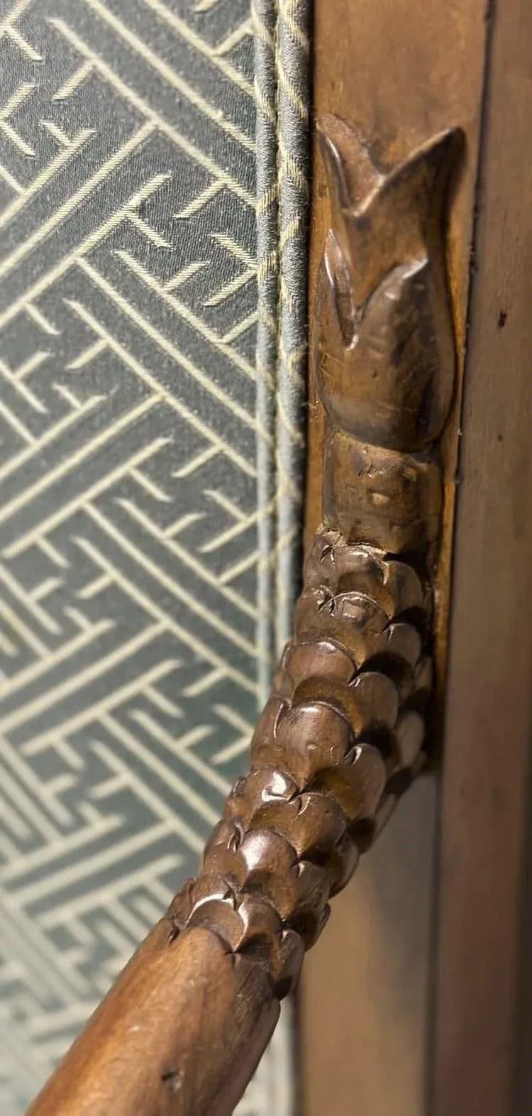 Baker Furniture Empire Style Carved Walnut Chair With Celadon Greek Key and Velvet Upholstery - Circa 1940s - Thumbnail 7