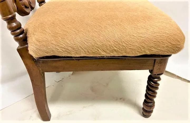 Late 19th Century Carved Rosewood Renaissance Revival Chair With Hair-On Cowhide Seat Upholstery - Thumbnail 4
