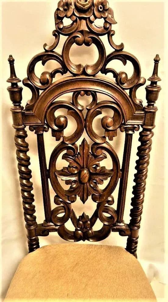 Late 19th Century Carved Rosewood Renaissance Revival Chair With Hair-On Cowhide Seat Upholstery - Thumbnail 7